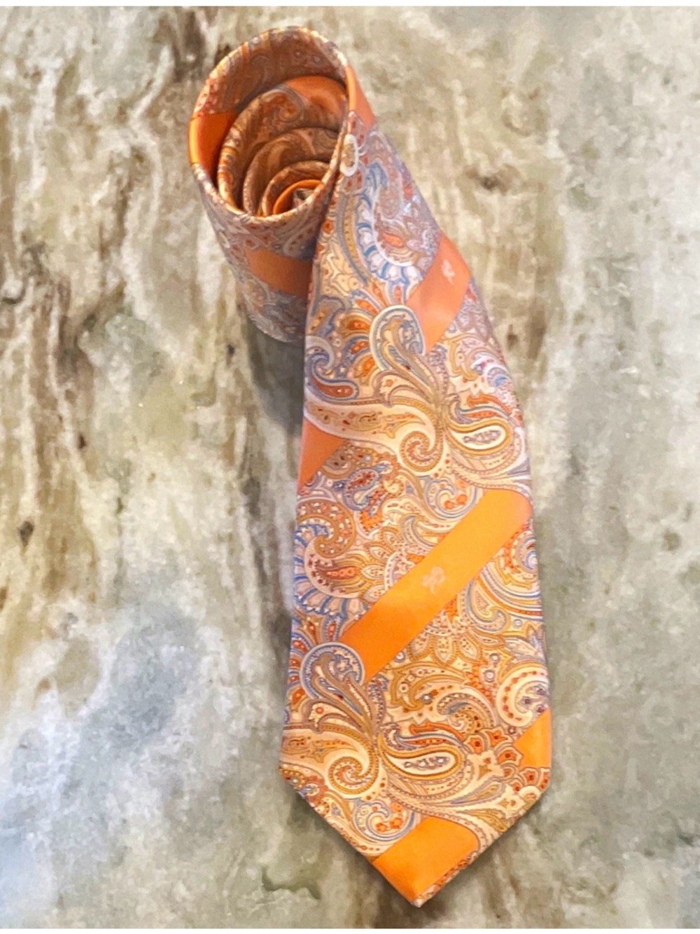 Stefano Ricci Silk Orange Blue White Paisley Logo Detail Mens Tie